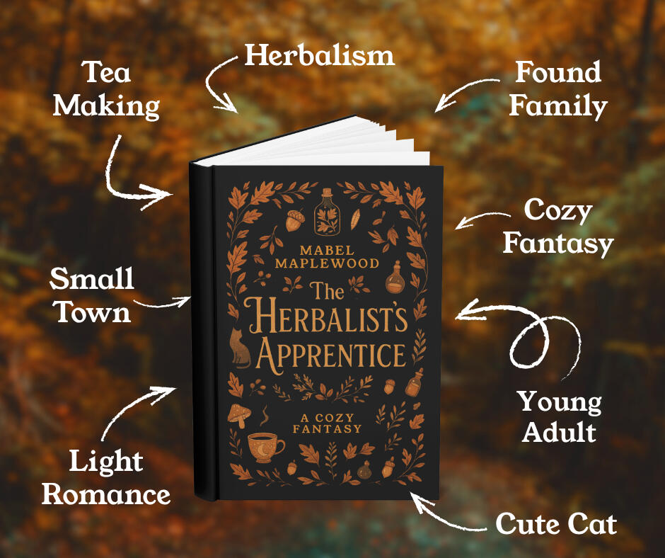 The Herbalist's Apprentice the book 'the herbalist's apprentice' and the trope words, small town, light romance, young adult, cute cat, found family, herbalism, cozy fantasy